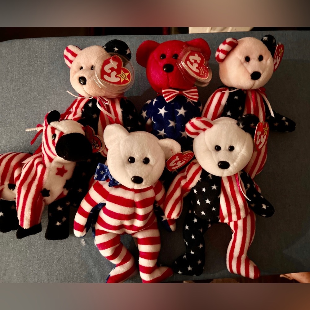 Lot Of 6 Patriotic TY Beanie Babies Bears And Lefty the Donkey.